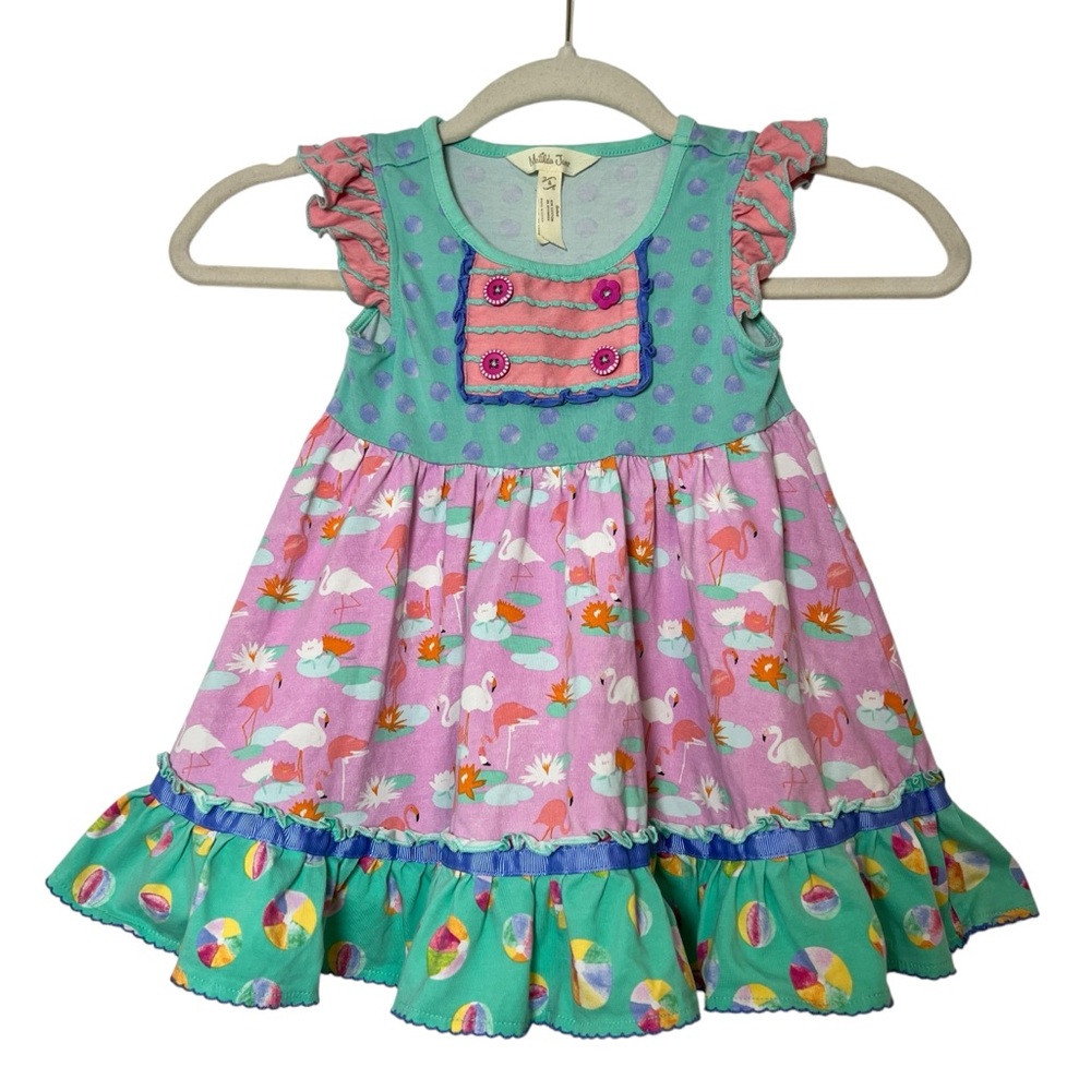 Matilda Jane Colorful Ruffle Dress with Flamingo Print Flutter Sleeves  Size 4